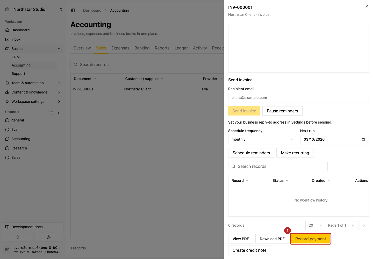 Action: Open payment recording