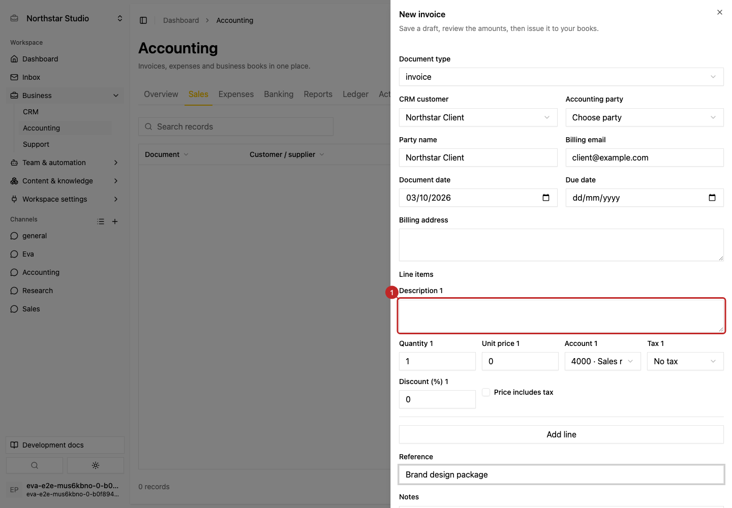 Action: Enter line items